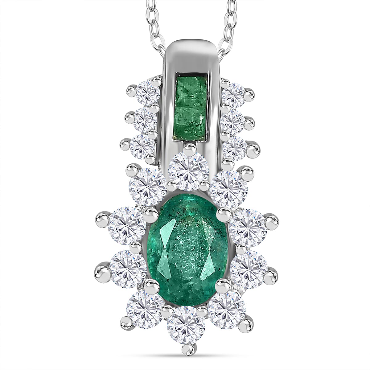 AAA Zambian Emerald and White Zircon Pendant with Chain (Size - 20) in Rhodium Overlay Sterling Silver 1.61 Ct.