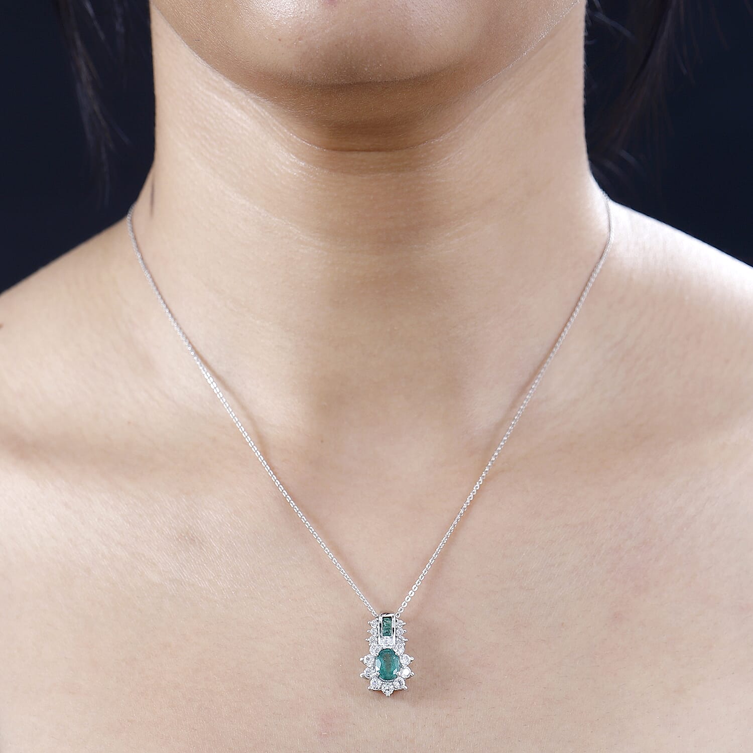 AAA Zambian Emerald and White Zircon Pendant with Chain (Size - 20) in Rhodium Overlay Sterling Silver 1.61 Ct.