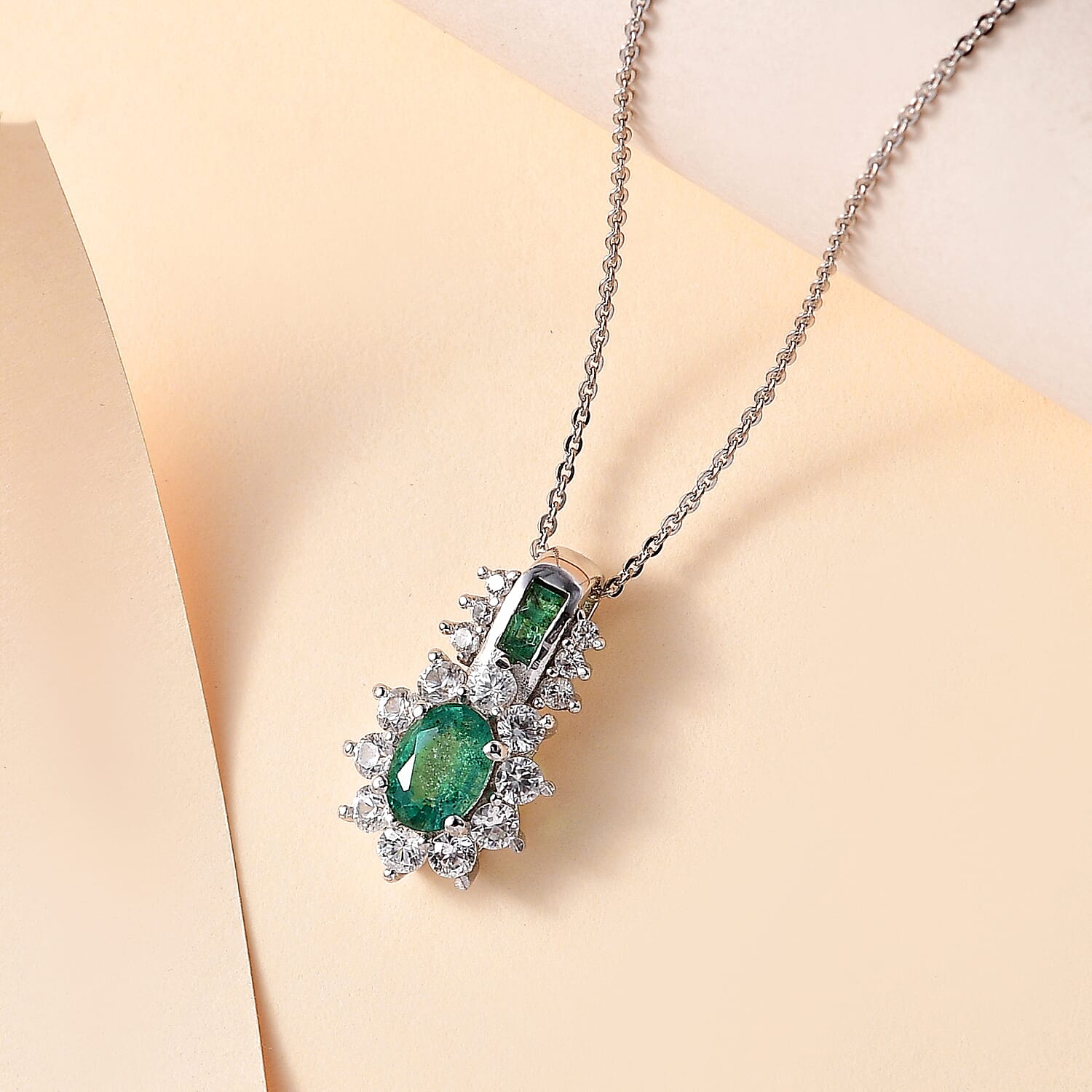 AAA Zambian Emerald and White Zircon Pendant with Chain (Size - 20) in Rhodium Overlay Sterling Silver 1.61 Ct.