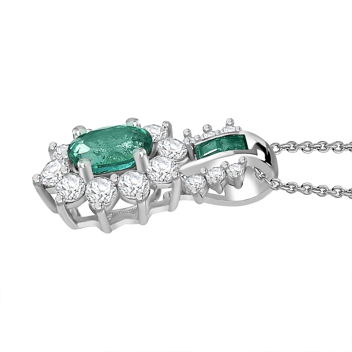 AAA Zambian Emerald and White Zircon Pendant with Chain (Size - 20) in Rhodium Overlay Sterling Silver 1.61 Ct.