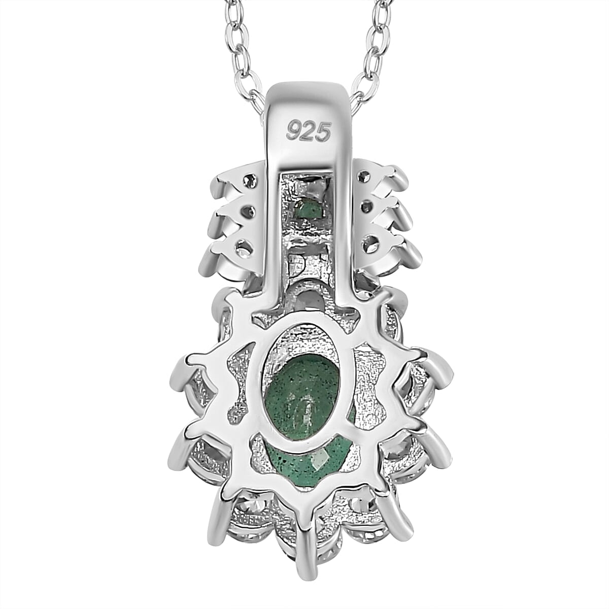 AAA Zambian Emerald and White Zircon Pendant with Chain (Size - 20) in Rhodium Overlay Sterling Silver 1.61 Ct.
