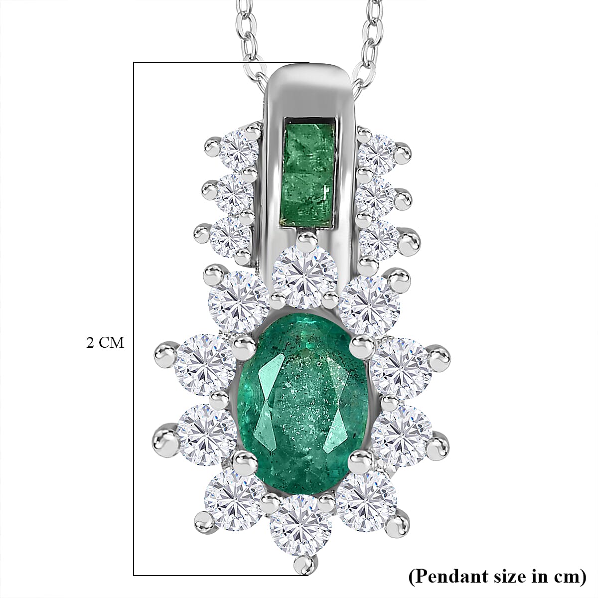 AAA Zambian Emerald and White Zircon Pendant with Chain (Size - 20) in Rhodium Overlay Sterling Silver 1.61 Ct.