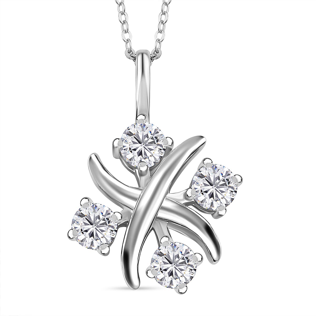 Moissanite Lucky Cross Love Heart Pendant with Chain (Size 20) in Rhodium Overlay Sterling Silver 1.32 Ct, Silver  Wt. 5.2 Gms
