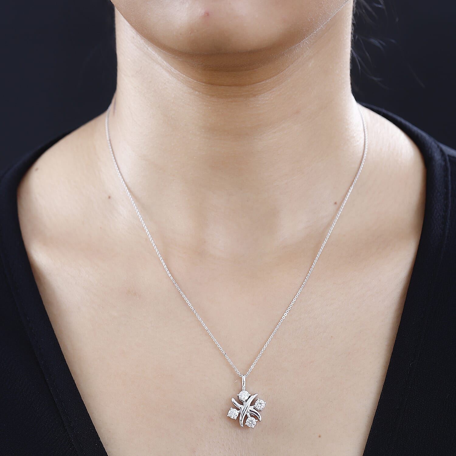 Moissanite Lucky Cross Love Heart Pendant with Chain (Size 20) in Rhodium Overlay Sterling Silver 1.32 Ct, Silver  Wt. 5.2 Gms