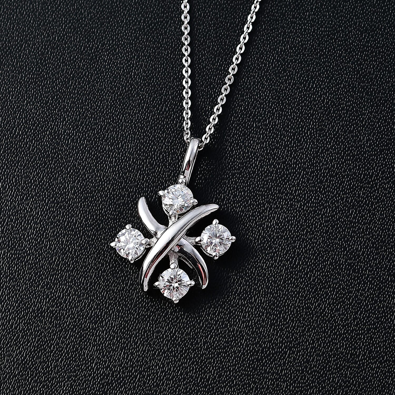 Moissanite Lucky Cross Love Heart Pendant with Chain (Size 20) in Rhodium Overlay Sterling Silver 1.32 Ct, Silver  Wt. 5.2 Gms