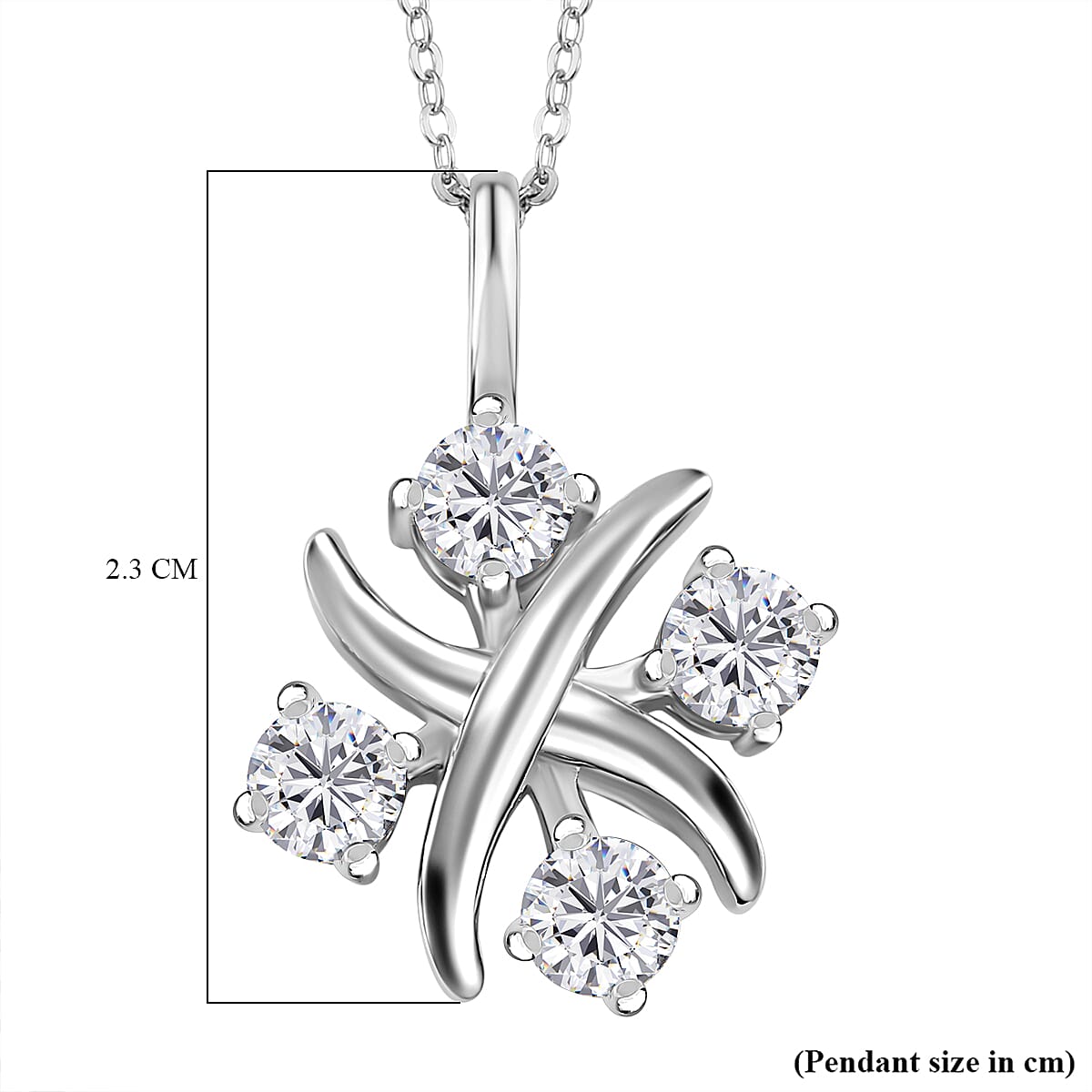 Moissanite Lucky Cross Love Heart Pendant with Chain (Size 20) in Rhodium Overlay Sterling Silver 1.32 Ct, Silver  Wt. 5.2 Gms