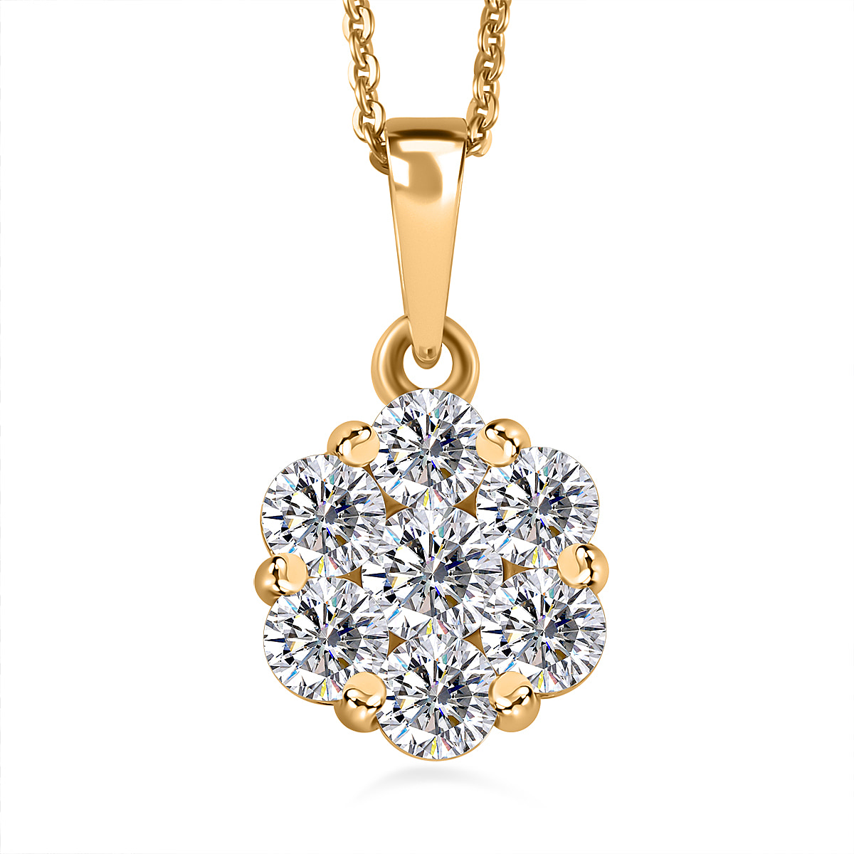 Moissanite Cluster Pendant with Chain (Size 20) in 18K YG Vermeil Sterling Silver 1.60 Ct