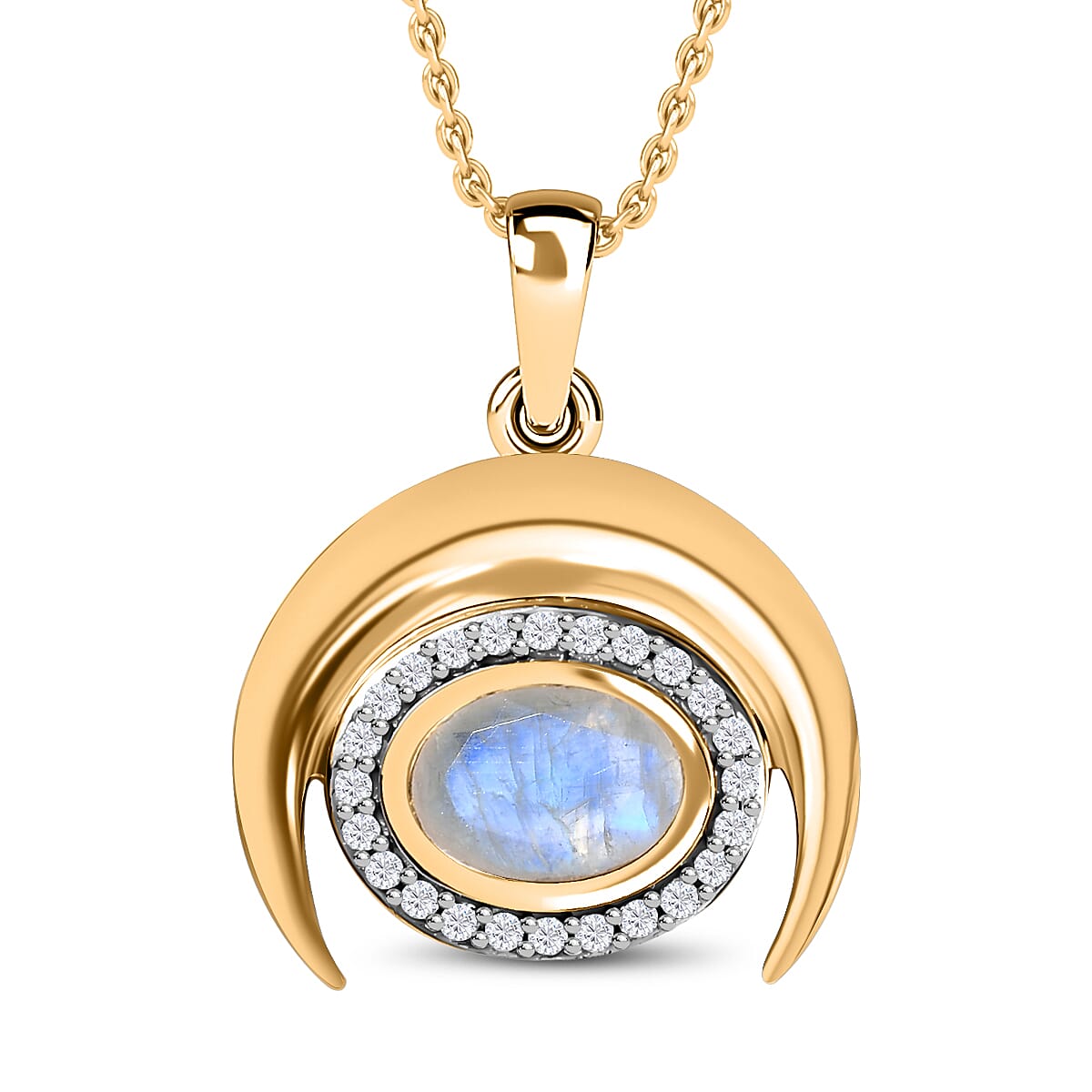 Moon Glow Moonstone & Natural Zircon Pendant with Chain (Size 20) in 18K YG Vermeil Sterling Silver 1.04 Ct, Silver Wt. 5.33 Gms