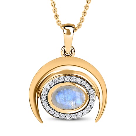 Moon Glow Moonstone & Natural Zircon Pendant with Chain (Size 20) in 18K YG Vermeil Sterling Silver 1.04 Ct, Silver Wt. 5.33 Gms