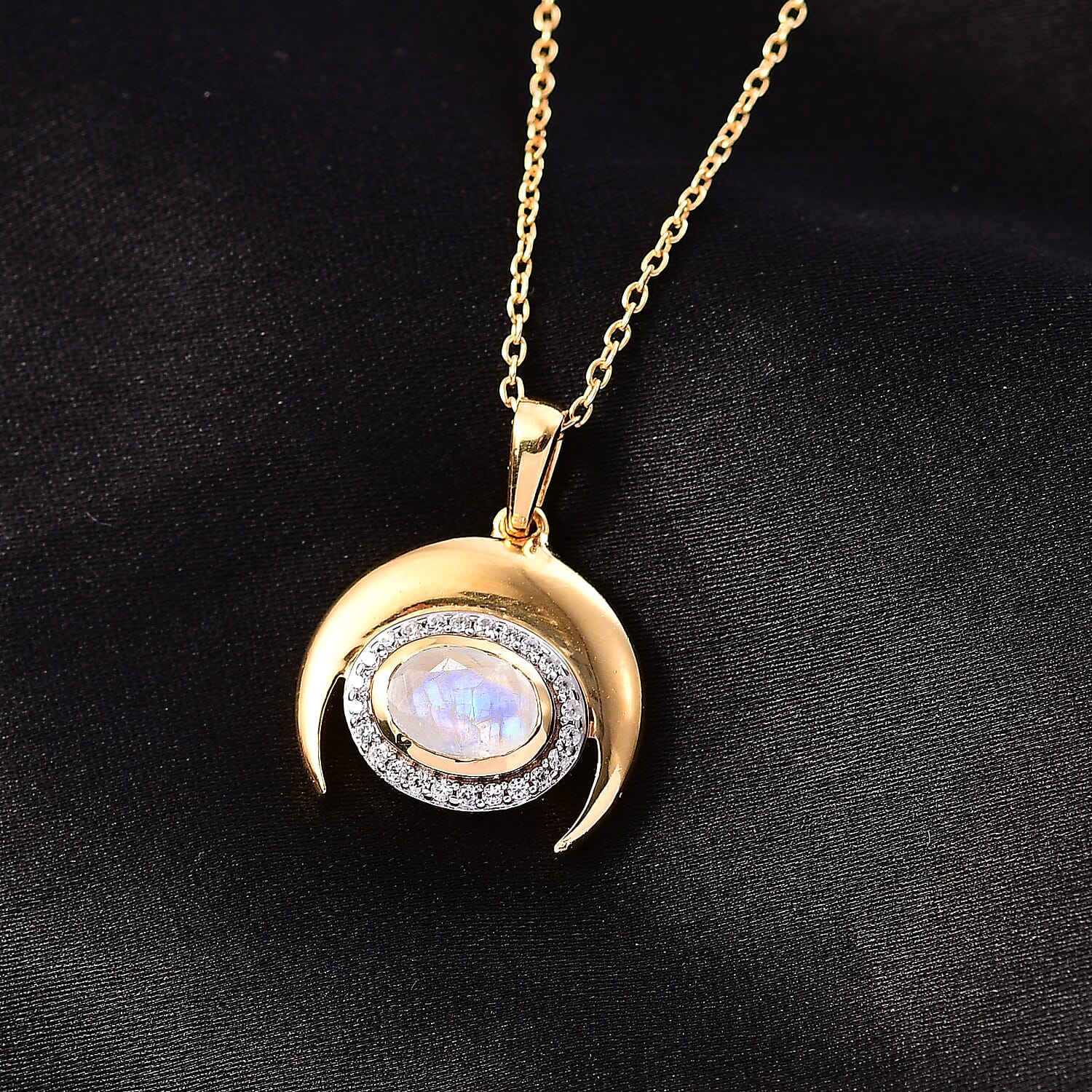 Moon Glow Moonstone & Natural Zircon Pendant with Chain (Size 20) in 18K YG Vermeil Sterling Silver 1.04 Ct, Silver Wt. 5.33 Gms