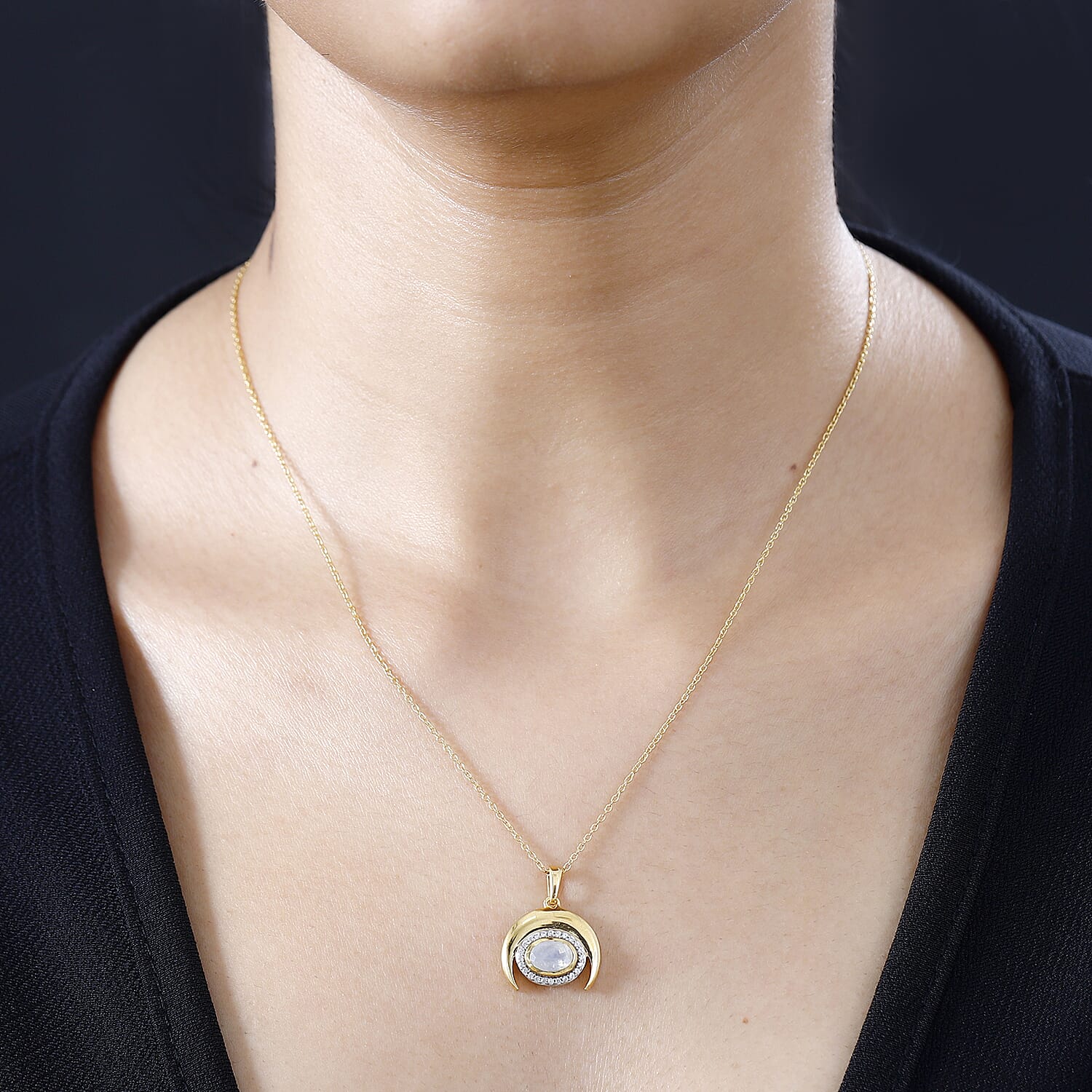 Moon Glow Moonstone & Natural Zircon Pendant with Chain (Size 20) in 18K YG Vermeil Sterling Silver 1.04 Ct, Silver Wt. 5.33 Gms