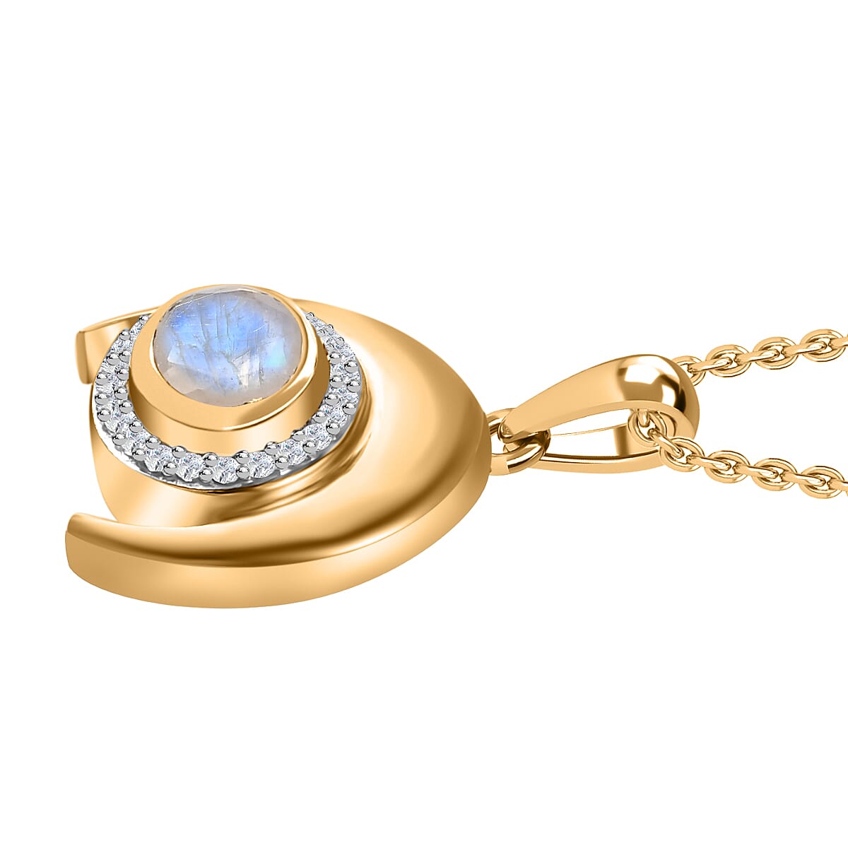 Moon Glow Moonstone & Natural Zircon Pendant with Chain (Size 20) in 18K YG Vermeil Sterling Silver 1.04 Ct, Silver Wt. 5.33 Gms