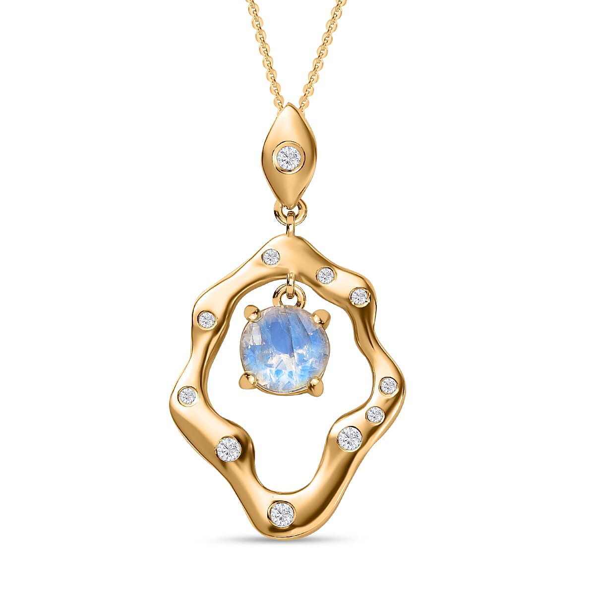 Moon Glow Moonstone & Natural Zircon Pendant with Chain (Size 20) in 18K YG Vermeil Sterling Silver 1.15 Ct, Silver Wt. 5.81 Gms