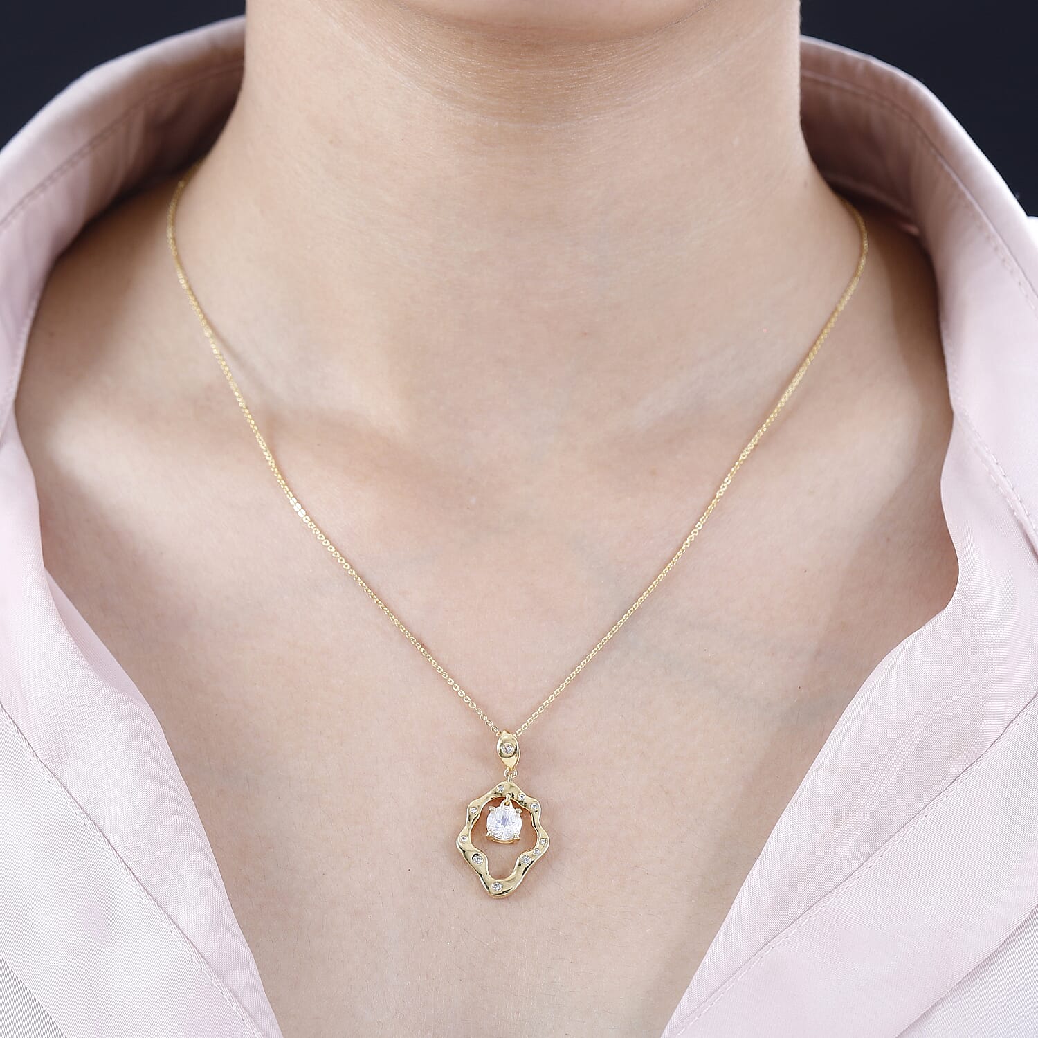 Moon Glow Moonstone & Natural Zircon Pendant with Chain (Size 20) in 18K YG Vermeil Sterling Silver 1.15 Ct, Silver Wt. 5.81 Gms