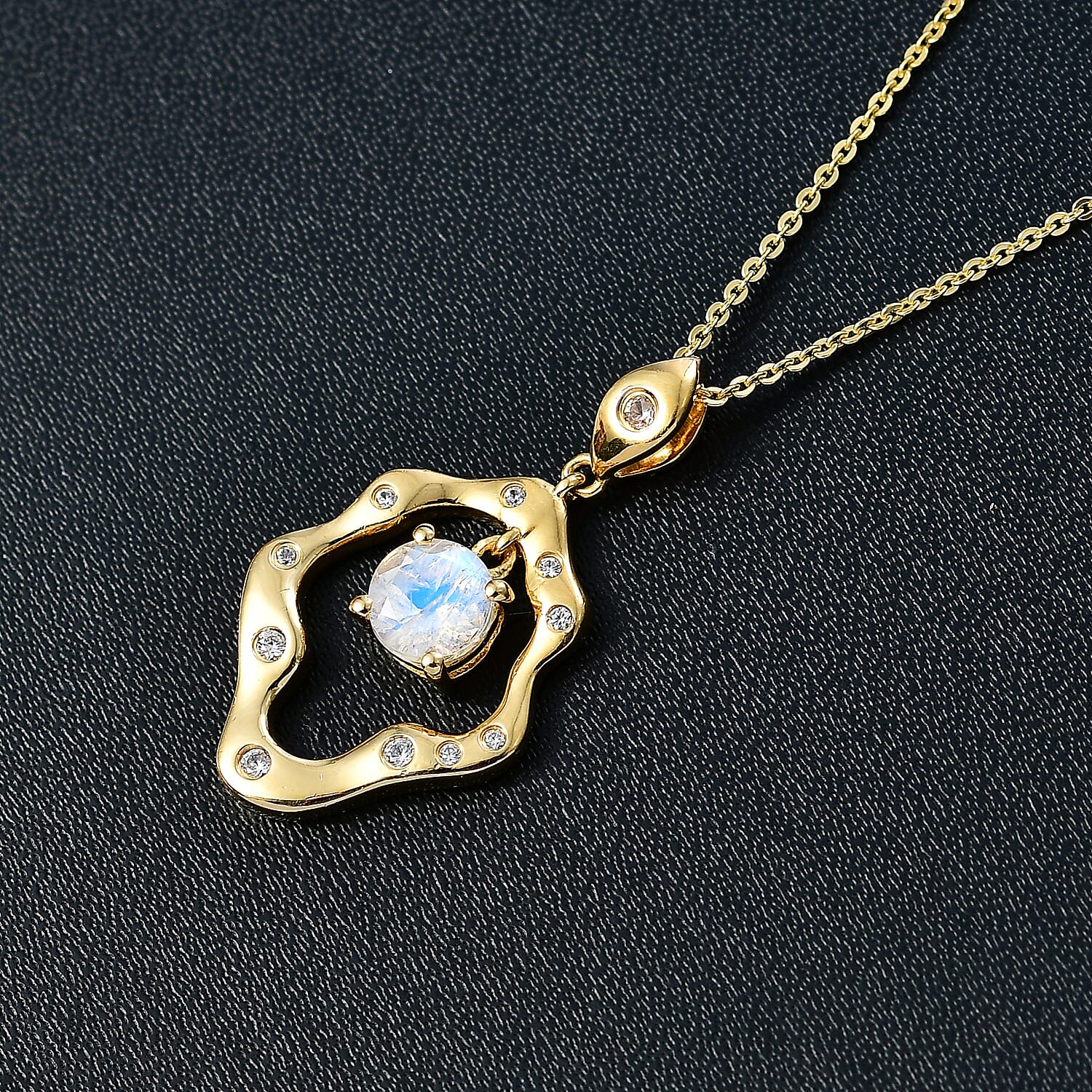Moon Glow Moonstone & Natural Zircon Pendant with Chain (Size 20) in 18K YG Vermeil Sterling Silver 1.15 Ct, Silver Wt. 5.81 Gms