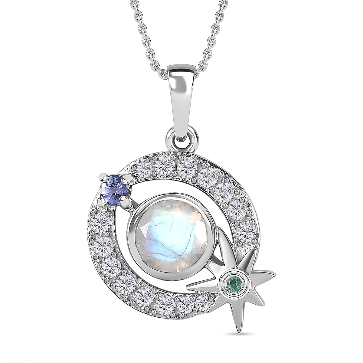 Moon Glow Moonstone & Multi Gemstone Pendant with Chain (Size 20) in Rhodium Overlay Sterling Silver 1.71 Ct, Silver Wt. 5.5 Gms