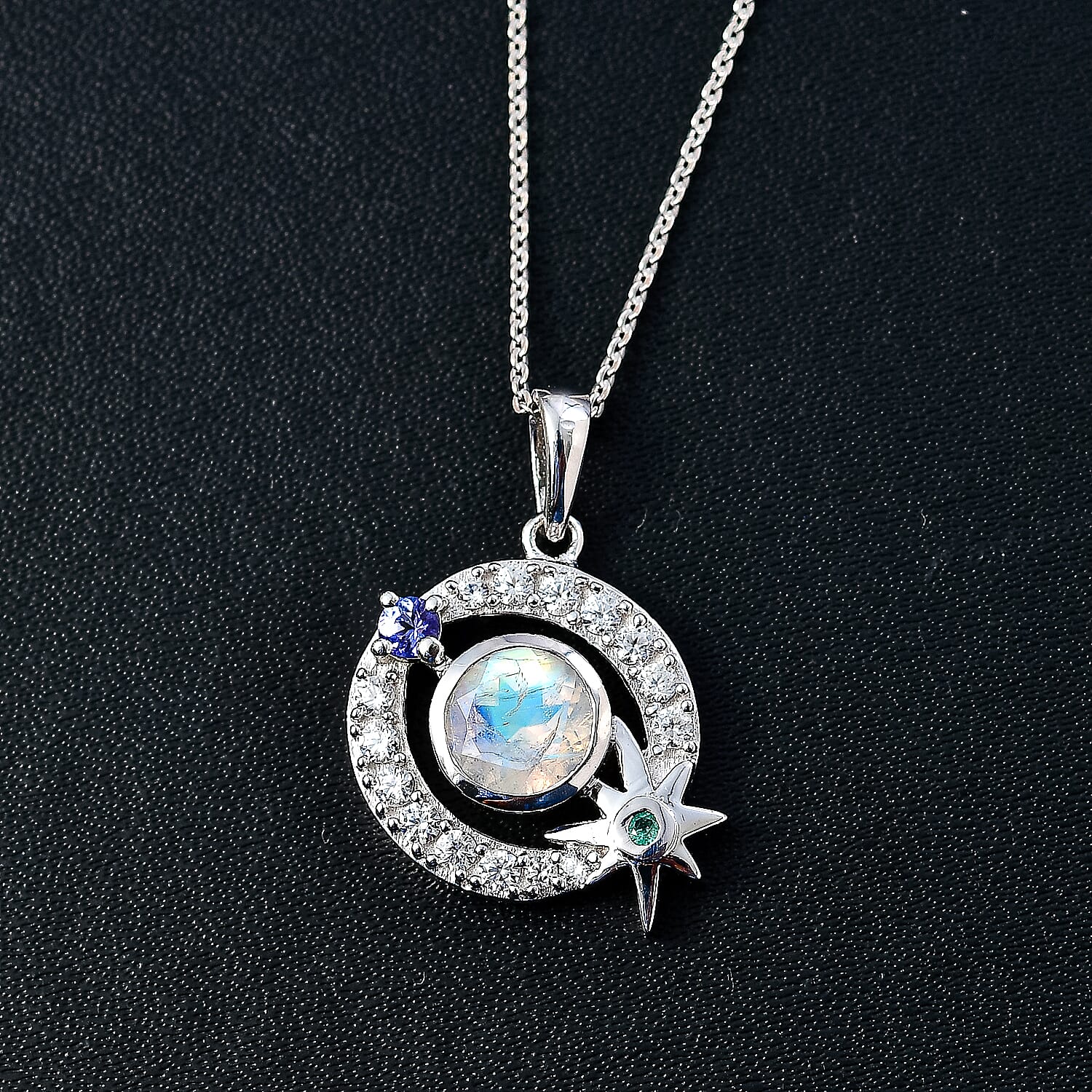 Moon Glow Moonstone & Multi Gemstone Pendant with Chain (Size 20) in Rhodium Overlay Sterling Silver 1.71 Ct, Silver Wt. 5.5 Gms