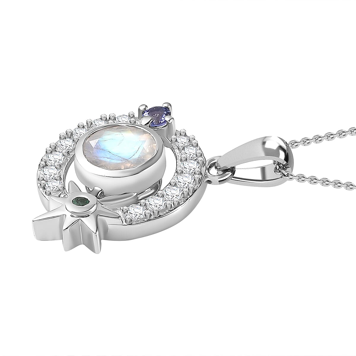 Moon Glow Moonstone & Multi Gemstone Pendant with Chain (Size 20) in Rhodium Overlay Sterling Silver 1.71 Ct, Silver Wt. 5.5 Gms