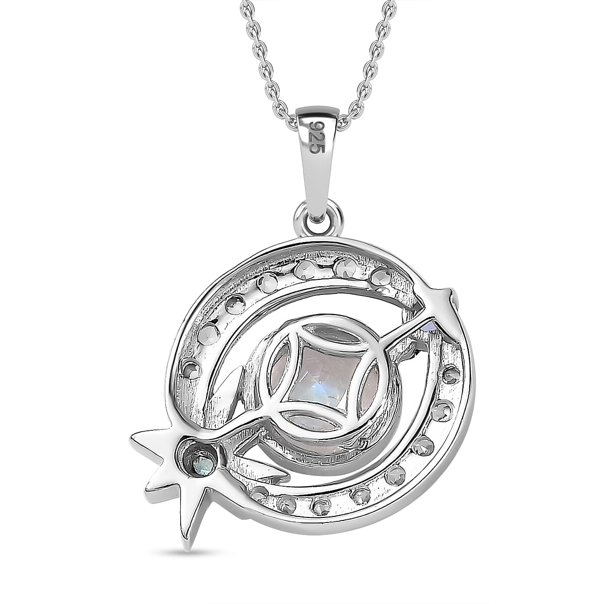 Moon Glow Moonstone & Multi Gemstone Pendant with Chain (Size 20) in Rhodium Overlay Sterling Silver 1.71 Ct, Silver Wt. 5.5 Gms