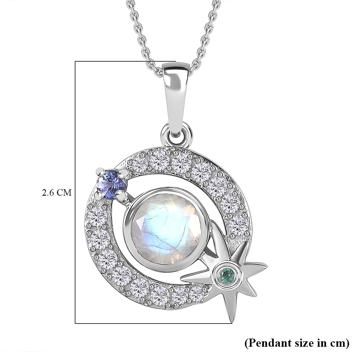 Moon Glow Moonstone & Multi Gemstone Pendant with Chain (Size 20) in Rhodium Overlay Sterling Silver 1.71 Ct, Silver Wt. 5.5 Gms