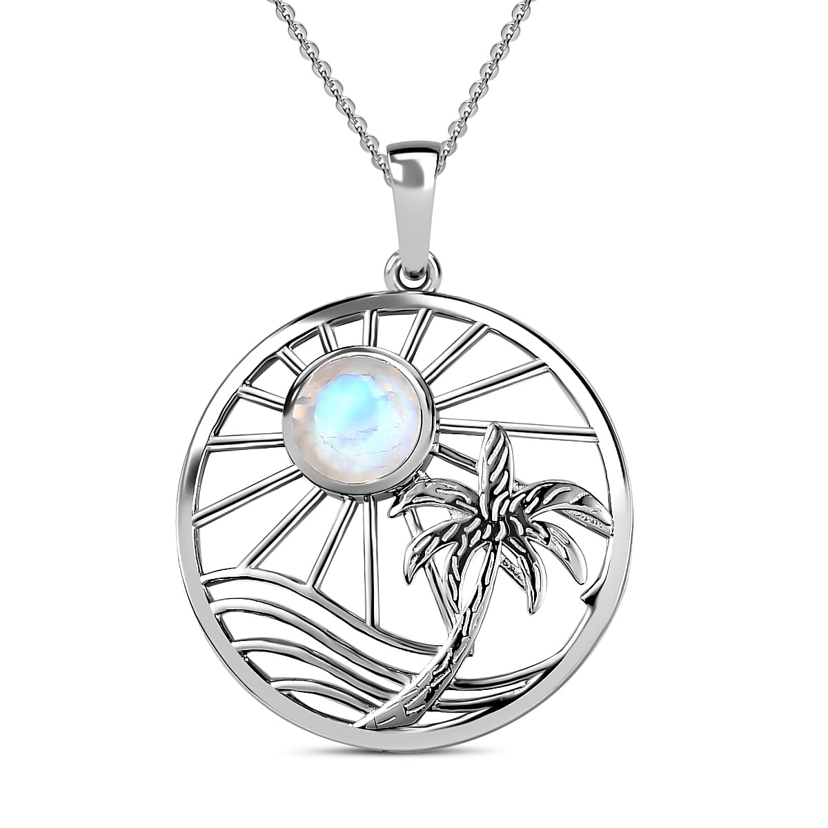 Moon Glow Moonstone Palm Tree and Moon Pendant with Chain (Size 20) in Rhodium Overlay Sterling Silver 1.40 Ct, Silver Wt. 6.4 GM