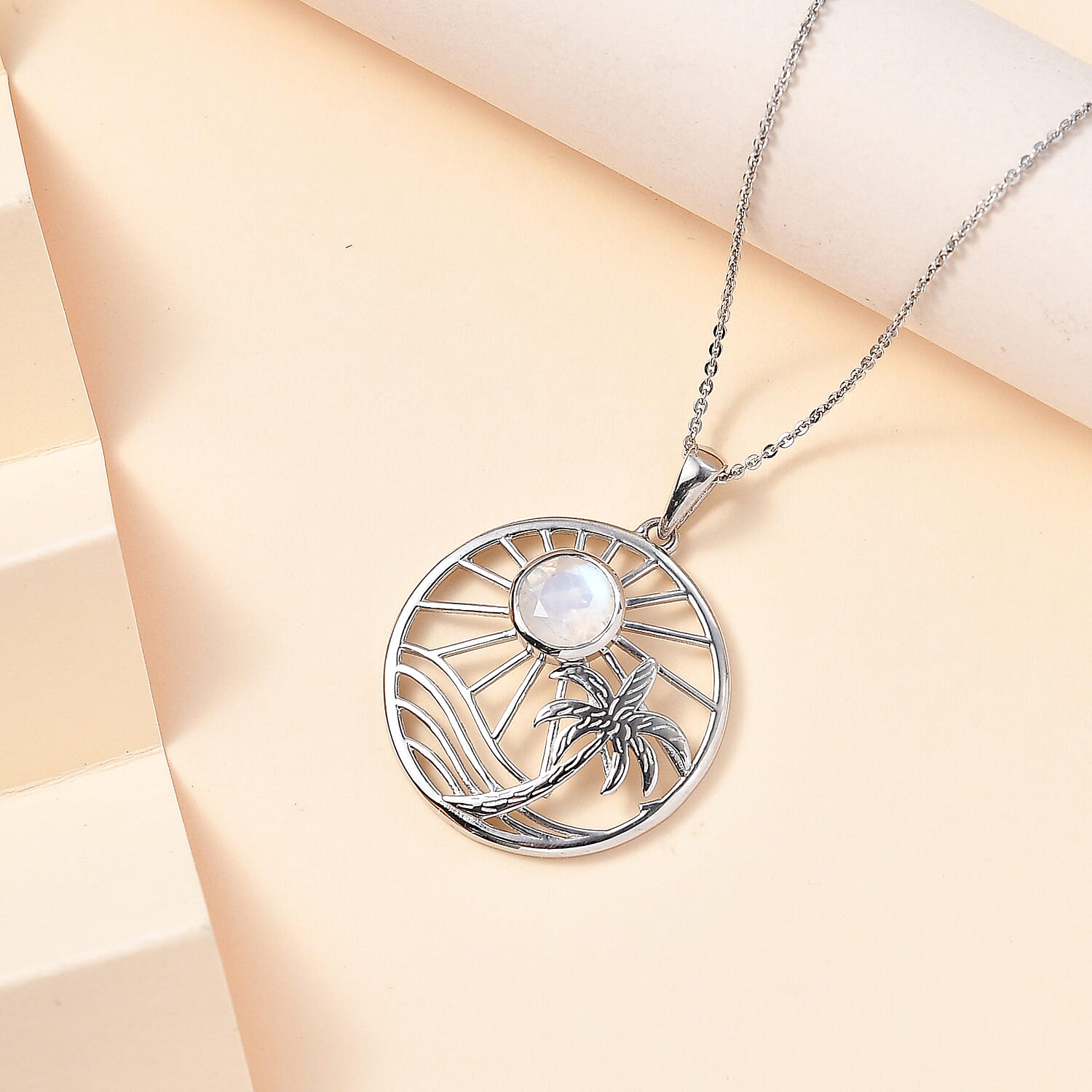 Moon Glow Moonstone Palm Tree and Moon Pendant with Chain (Size 20) in Rhodium Overlay Sterling Silver 1.40 Ct, Silver Wt. 6.4 GM