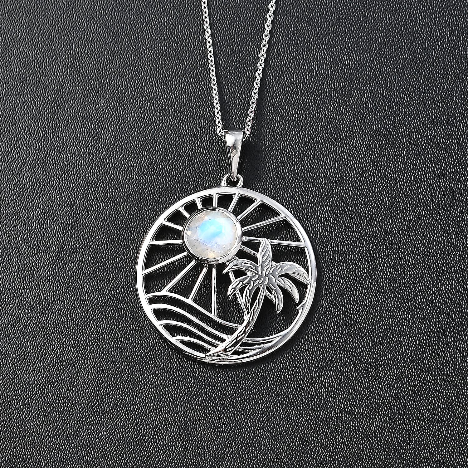 Moon Glow Moonstone Palm Tree and Moon Pendant with Chain (Size 20) in Rhodium Overlay Sterling Silver 1.40 Ct, Silver Wt. 6.4 GM