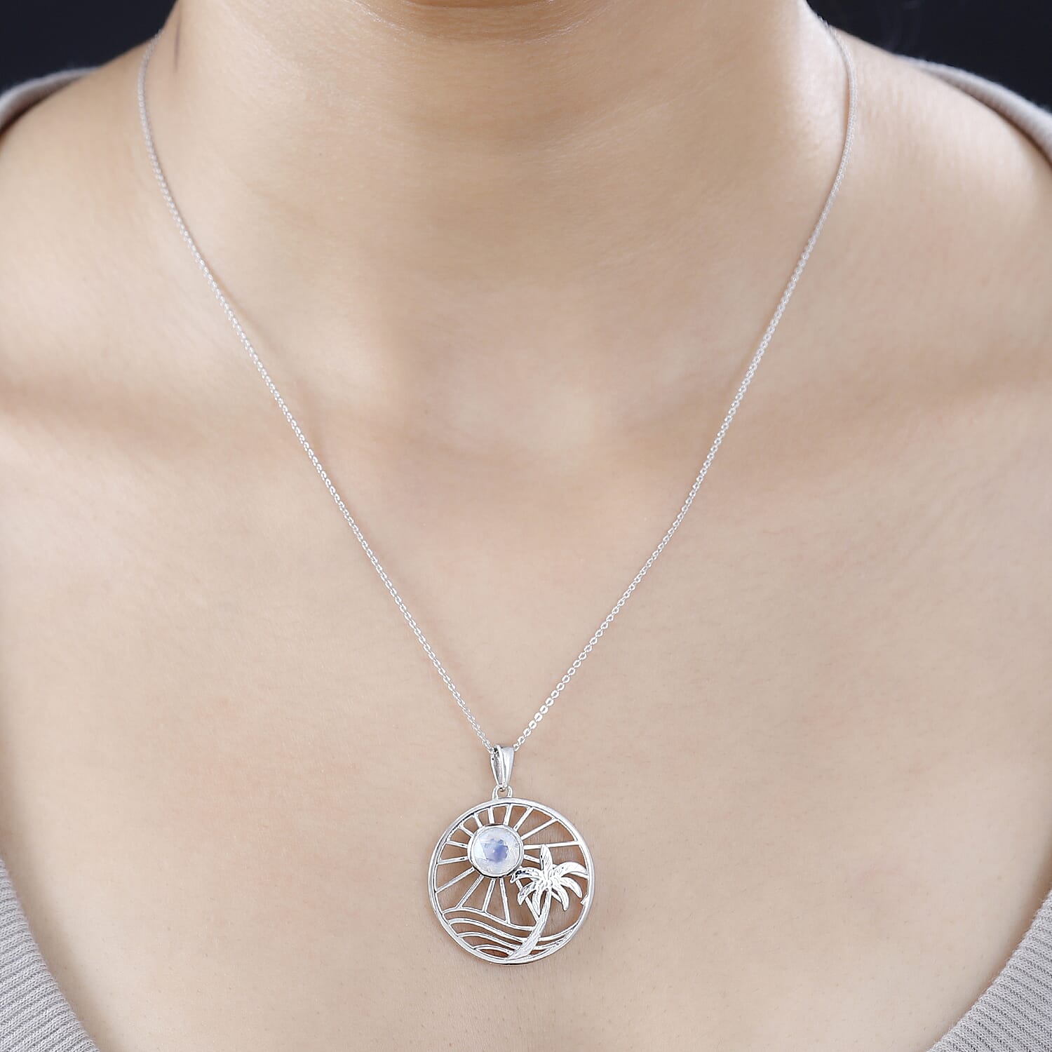 Moon Glow Moonstone Palm Tree and Moon Pendant with Chain (Size 20) in Rhodium Overlay Sterling Silver 1.40 Ct, Silver Wt. 6.4 GM