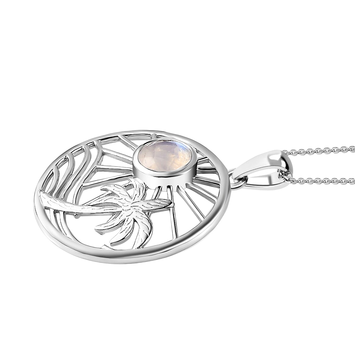 Moon Glow Moonstone Palm Tree and Moon Pendant with Chain (Size 20) in Rhodium Overlay Sterling Silver 1.40 Ct, Silver Wt. 6.4 GM