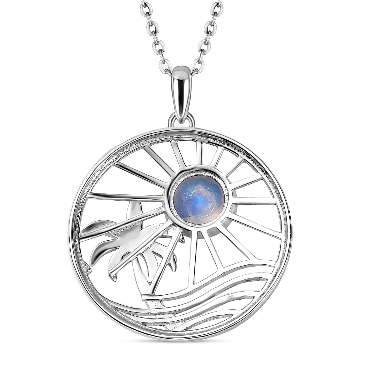 Moon Glow Moonstone Palm Tree and Moon Pendant with Chain (Size 20) in Rhodium Overlay Sterling Silver 1.40 Ct, Silver Wt. 6.4 GM