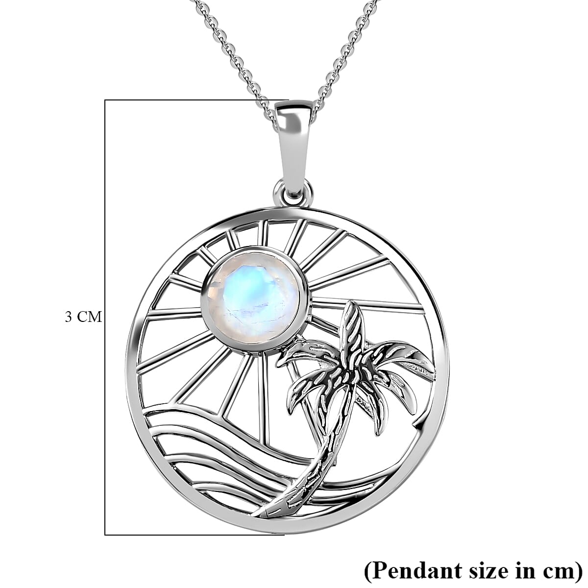 Moon Glow Moonstone Palm Tree and Moon Pendant with Chain (Size 20) in Rhodium Overlay Sterling Silver 1.40 Ct, Silver Wt. 6.4 GM
