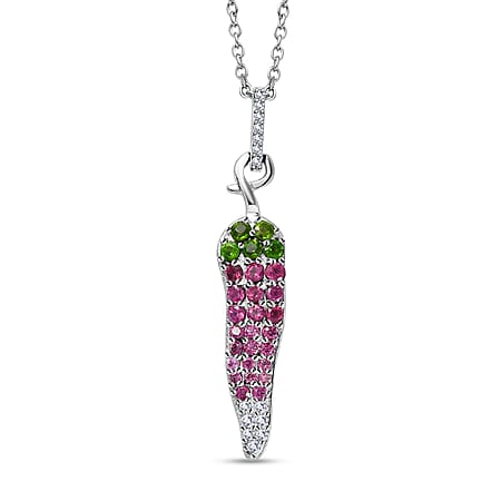 GP Chilli Pepper Collection - Natural Chrome Diopside & Multi Gemstone Pendant with Chain (Size 20) in Rhodium Overlay Sterling Silver 1.01 Ct