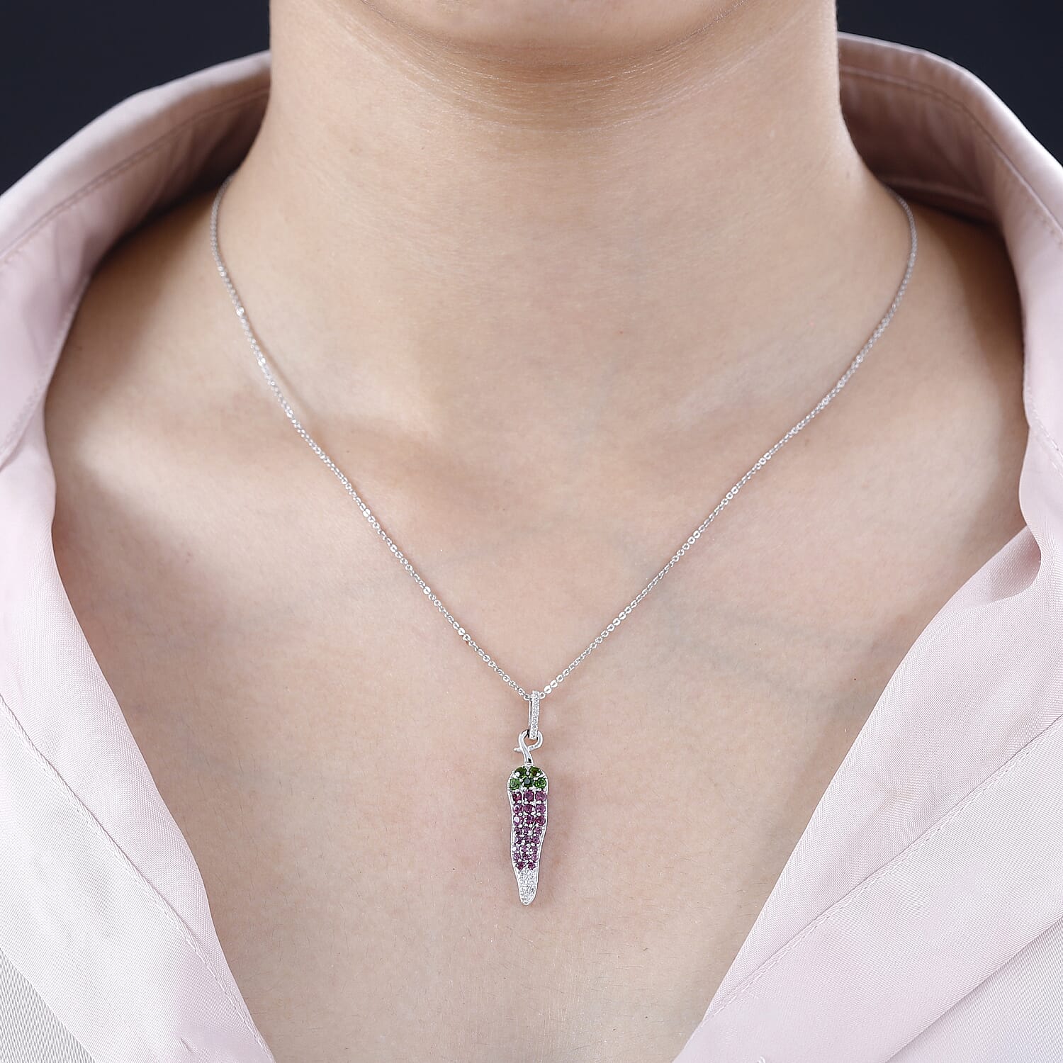 GP Chilli Pepper Collection - Natural Chrome Diopside & Multi Gemstone Pendant with Chain (Size 20) in Rhodium Overlay Sterling Silver 1.01 Ct