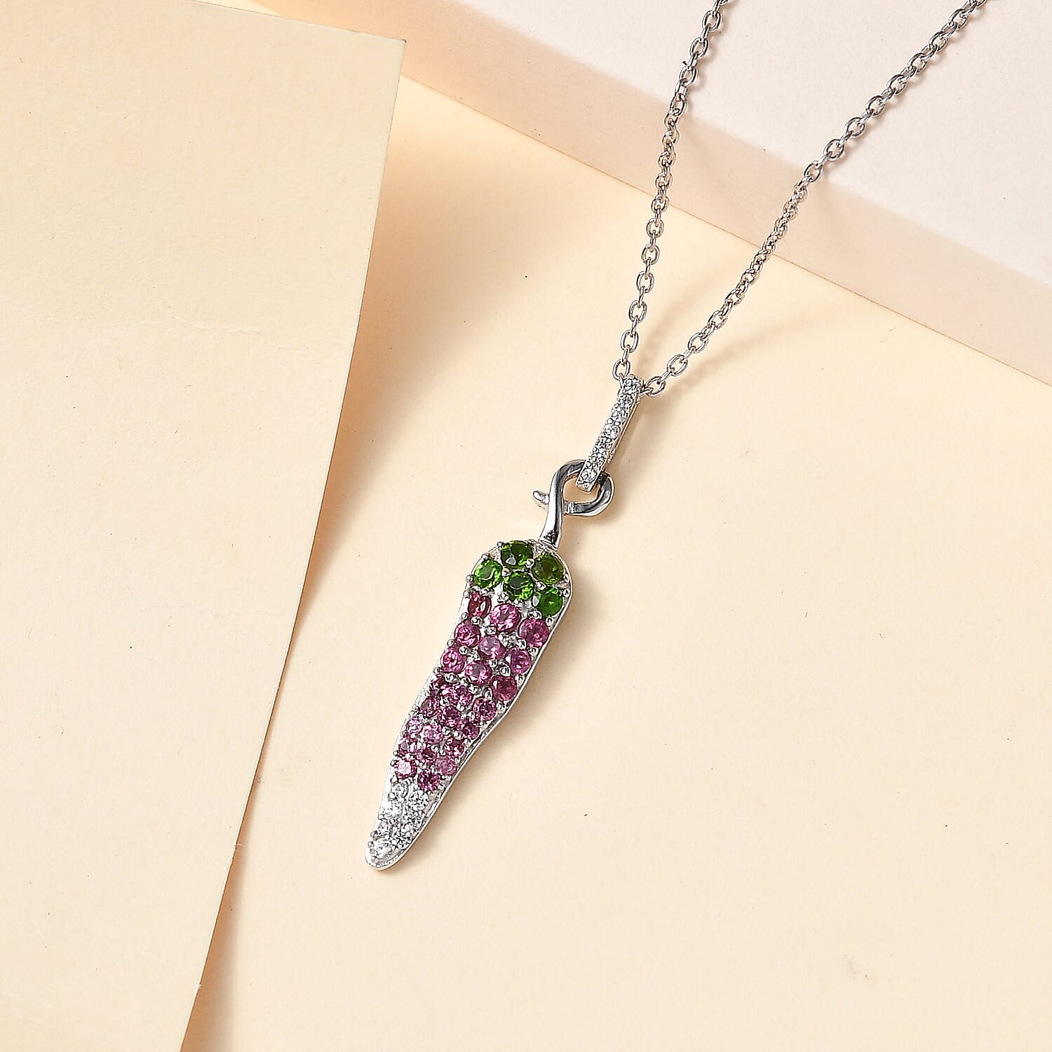 GP Chilli Pepper Collection - Natural Chrome Diopside & Multi Gemstone Pendant with Chain (Size 20) in Rhodium Overlay Sterling Silver 1.01 Ct