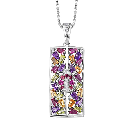 GP Italian Garden Collection - Multi Gemstone Pendant with Chain (Size 20) in Rhodium Overlay Sterling Silver 2.84 Ct