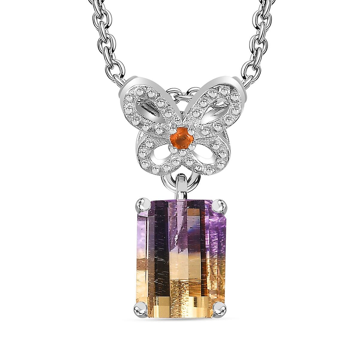 Ametrine & Fire Opal Pendant with Chain (Size 20) in Rhodium Overlay Sterling Silver 1.66 Ct