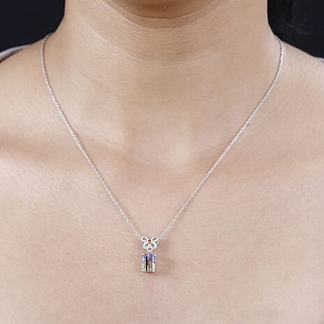 Ametrine & Fire Opal Pendant with Chain (Size 20) in Rhodium Overlay Sterling Silver 1.66 Ct