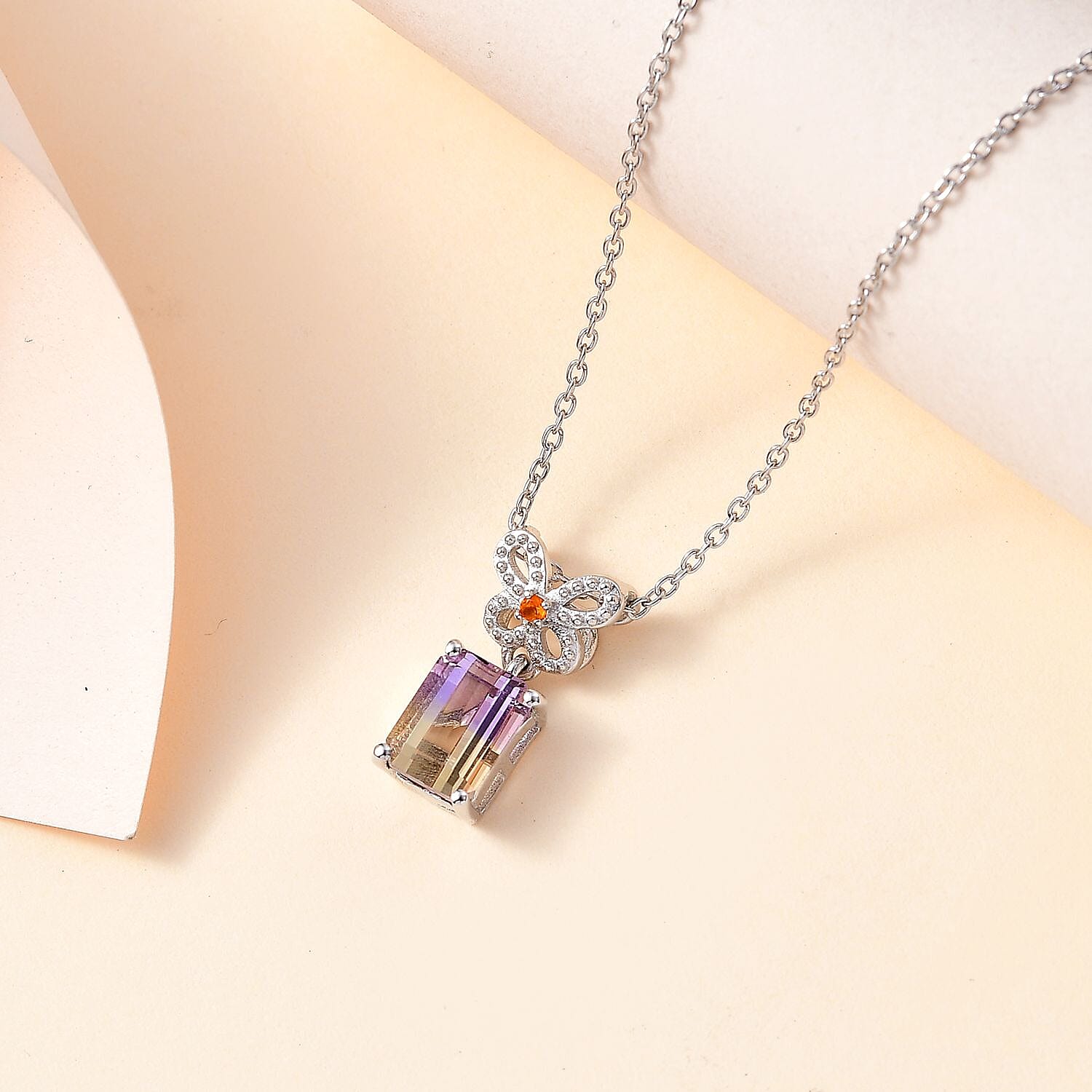 Ametrine & Fire Opal Pendant with Chain (Size 20) in Rhodium Overlay Sterling Silver 1.66 Ct