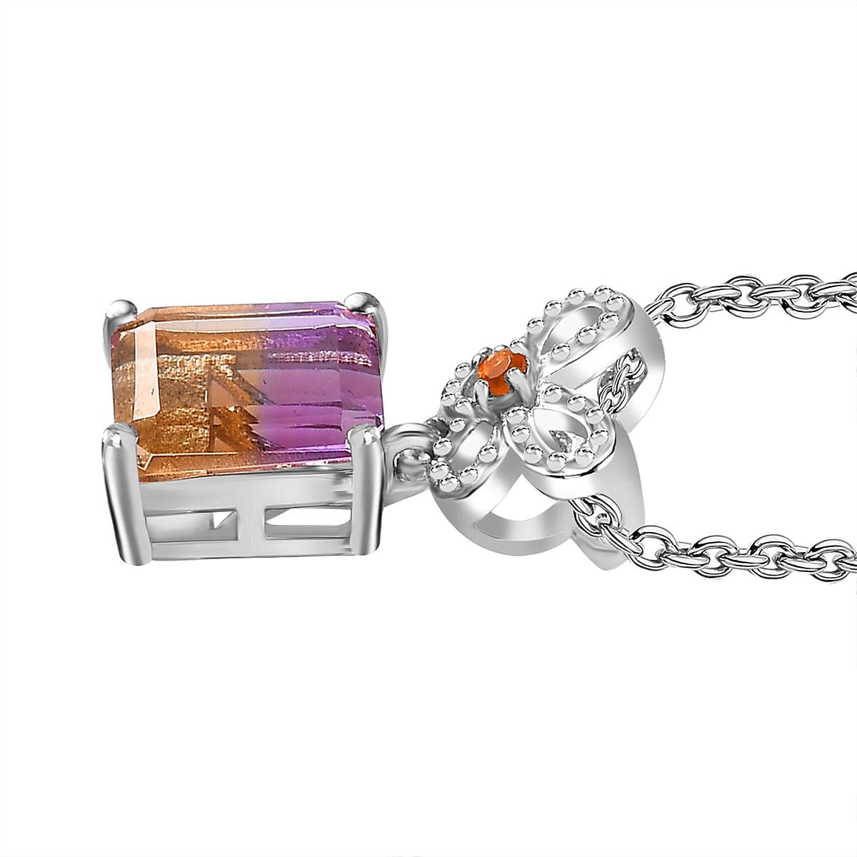 Ametrine & Fire Opal Pendant with Chain (Size 20) in Rhodium Overlay Sterling Silver 1.66 Ct