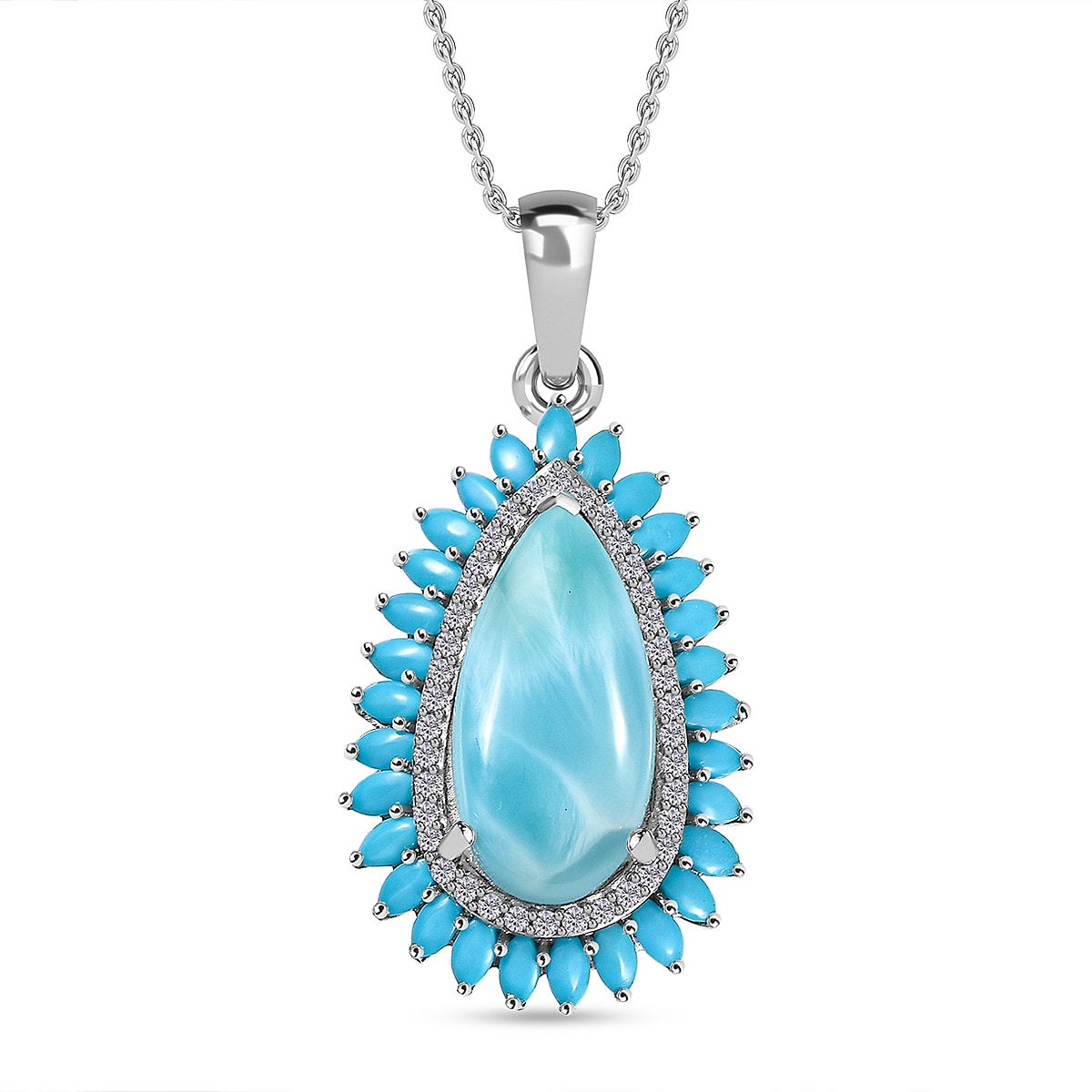 Cocktail Collection - Rare Size Larimar 20 X10 MM & Sleeping Beauty Turquoise Pendant with Chain (Size 20) in Platinum Overlay Sterling Silver  13.08 ct.