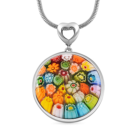 Multi Colour Murano Style Glass Pendant with Stainless Steel Chain (Size 28 Adjustable) 25 Ct