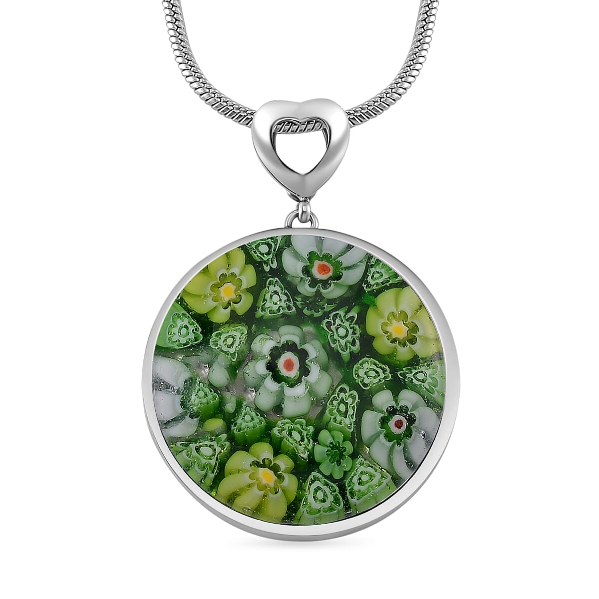 Green Color Murano Glass Pendant with Chain Size 24 Pure White Stainless Steel 25.000 Ct