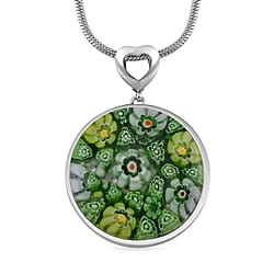 Green Color Murano Glass Pendant with Chain (Size 24) Pure White Stainless Steel 25.000 Ct.