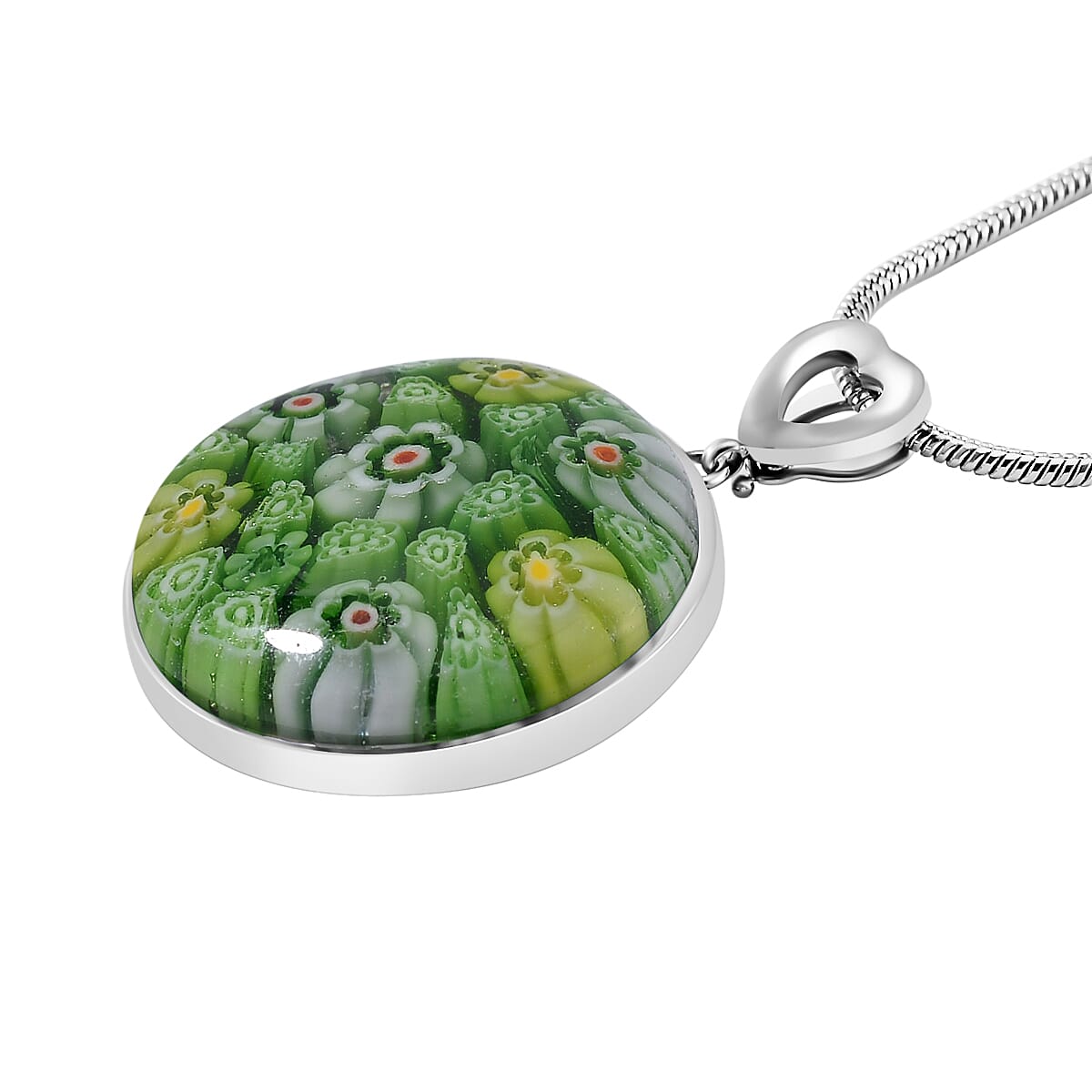 Green Color Murano Glass Pendant with Chain (Size 24) Pure White Stainless Steel 25.000 Ct.