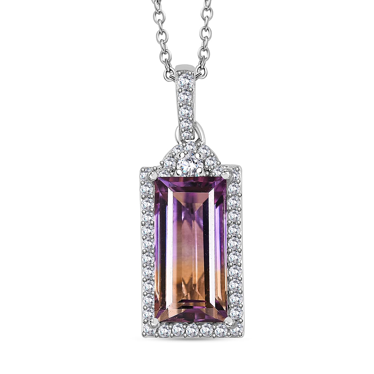 Ametrine & White Zircon Pendant with Chain (Size 20) in Rhodium Overlay Sterling Silver 4.93 Ct, Silver Wt. 5.54 Gms.