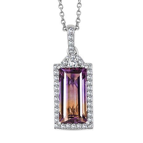 Ametrine & White Zircon Pendant with Chain (Size 20) in Rhodium Overlay Sterling Silver. Silver Wt. 5.54 Gms  4.930  Ct.