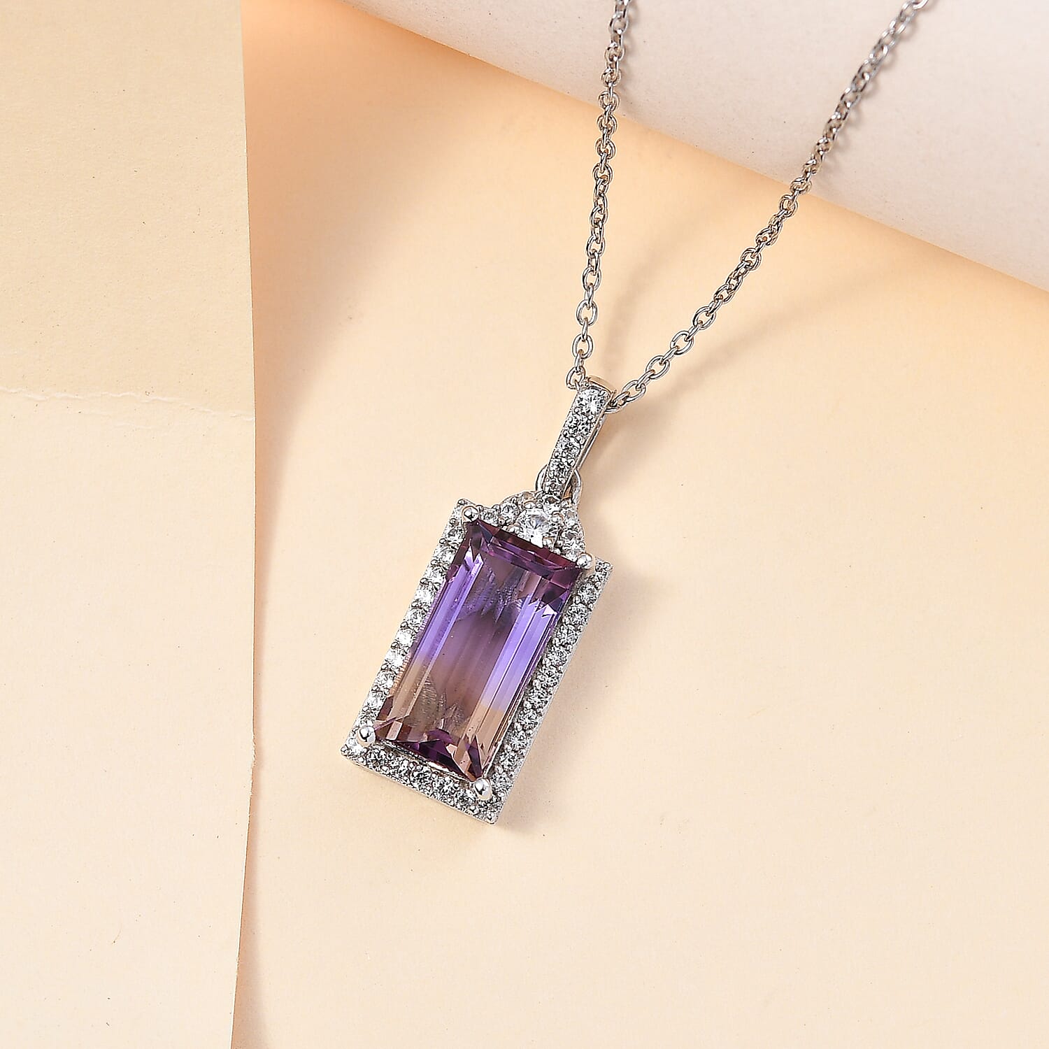 Ametrine & White Zircon Pendant with Chain (Size 20) in Rhodium Overlay Sterling Silver 4.93 Ct, Silver Wt. 5.54 Gms.