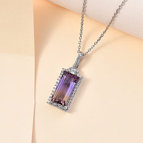 Ametrine & White Zircon Pendant with Chain (Size 20) in Rhodium Overlay Sterling Silver. Silver Wt. 5.54 Gms  4.930  Ct.
