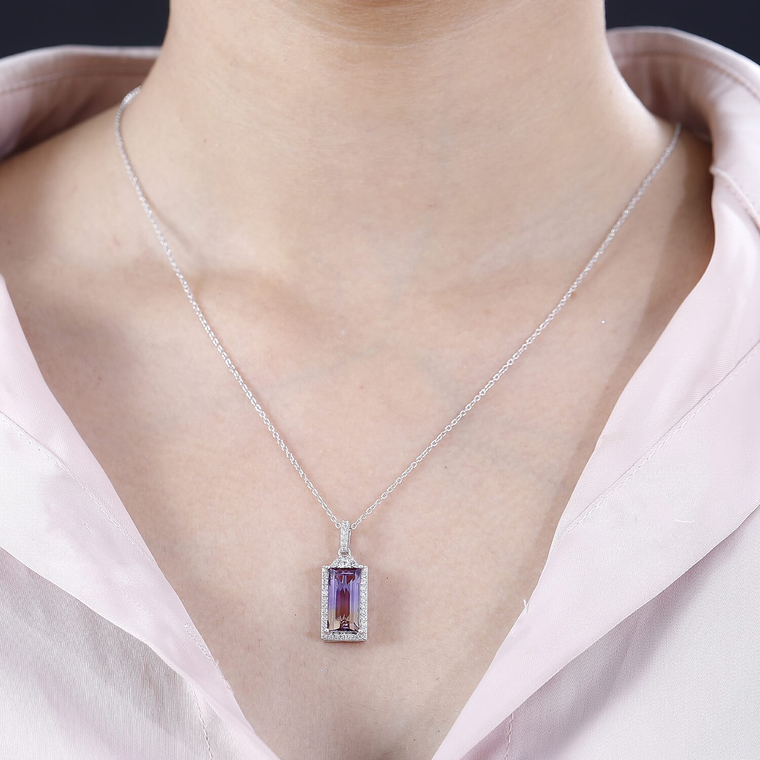 Ametrine & White Zircon Pendant with Chain (Size 20) in Rhodium Overlay Sterling Silver 4.93 Ct, Silver Wt. 5.54 Gms.