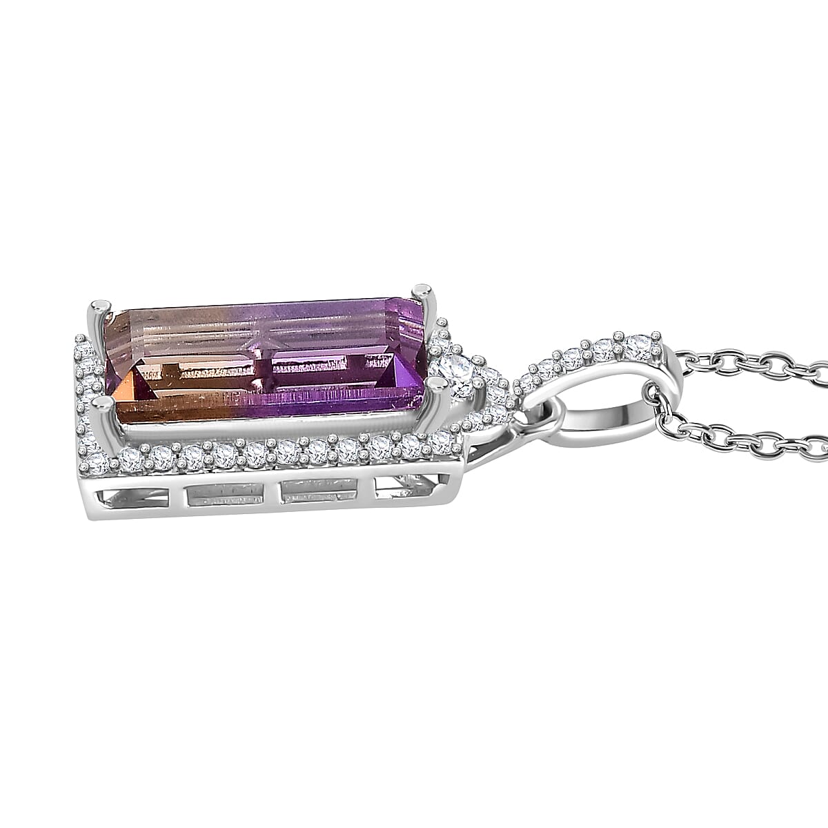 Ametrine & White Zircon Pendant with Chain (Size 20) in Rhodium Overlay Sterling Silver 4.93 Ct, Silver Wt. 5.54 Gms.